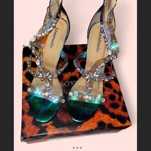 Lemon Iridescent Teal Crystal T-Strap Heels